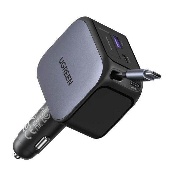 Cargador De Carro Ugreen EC604 Retráctil 2X USB-C + USB-A